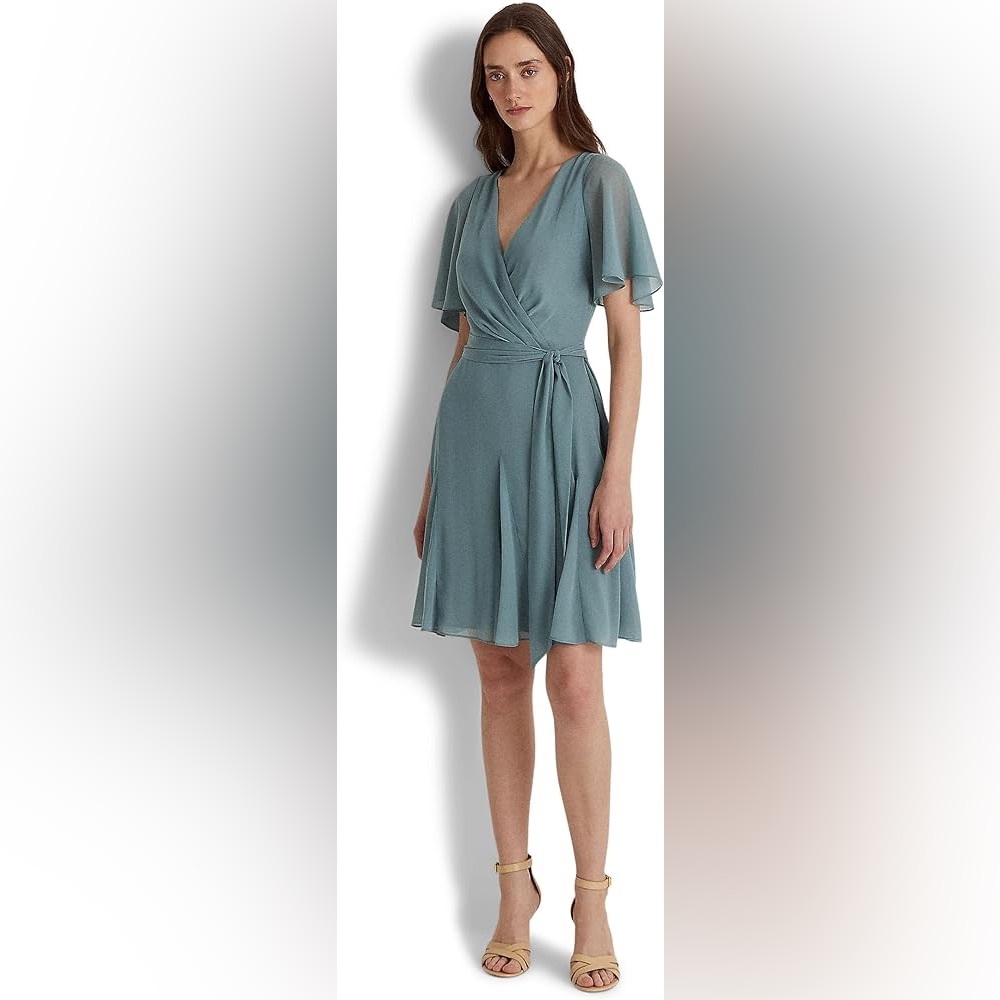 Lauren Ralph Lauren Womens Green Ruffled Chiffon Fit & Flare Dress NWT - Picture 11 of 12